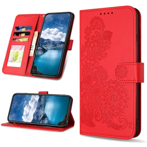 Bravoday Hülle für Xiaomi Redmi 10 / Redmi 10 2022, PU Leder Klappbar Flip Wallet Stoßfeste Hülle mit Kartenfach, Magnetisches Schutzhülle Handyhülle für Redmi 10 / Redmi 10 2022, Rot von Bravoday