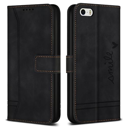 Bravoday Hülle für iPhone SE 2016 / iPhone 5s / iPhone 5, PU Ledertasche Handyhülle mit Kartenfäch & Kickstand, Flip Schutzhülle Kompatibel mit iPhone SE 2016 / iPhone 5s / iPhone 5, Schwarz von Bravoday