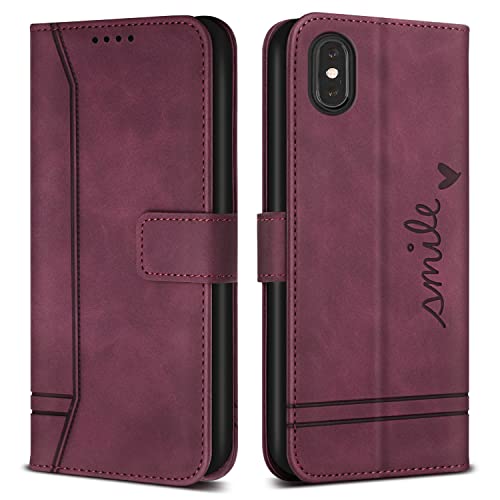 Bravoday Hülle für iPhone X/iPhone XS, PU Ledertasche Handyhülle Flip Schutzhülle Kompatibel mit iPhone X/iPhone XS, mit Kartenfäch & Kickstand, Weinrot von Bravoday