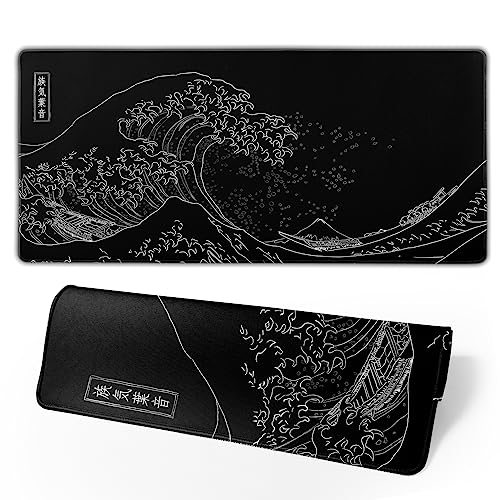 Brecoy Japanisches Gaming-Mauspad, schwarzes Mauspad, Kanagawa, großes Mauspad, rutschfeste Gummiunterseite, wasserdicht, mit genähten Kanten, für Gaming, Büro, Zuhause, 80 x 30 cm (Schwarze Welle) Brecoy Japanisches Gaming-Mauspad, schwarzes Mauspad, Kanagawa, großes Mauspad, rutschfeste Gummiunterseite, wasserdicht, mit genähten Kanten, für Gaming, Büro, Zuhause, 80 x 30 cm (Schwarze Welle) von Brecoy