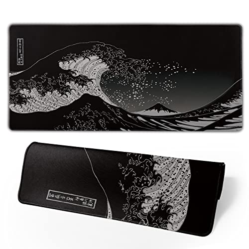 Großes Mauspad, japanische Meereswelle, erweitertes The Great Wave, Gaming-Mauspad, Kanagawa-Mauspad mit genähten Kanten, Tastatur-Mauspad, 3 mm, für Zuhause, Büro, 80 x 20 cm, Schwarz von Brecoy