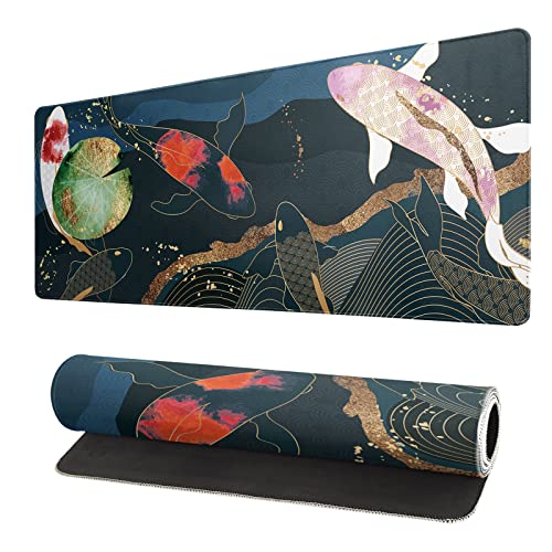 Japanisches Gaming-Mauspad XL – erweitertes großes Mauspad, Schreibtischunterlage, genähte Kanten, Mauspad, 3 mm dick, lang, rutschfest, Gummiunterseite, 80 x 20 cm – Koi Fish Art von Brecoy