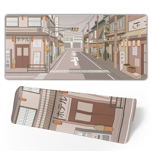 Tokyo Street Schreibtischunterlage, japanisches Anime-Mauspad, XL, Kawaii, großes Gaming-Mauspad, XXL, beige, niedlich, Laptop-Tastatur, Mauspad, Schreibtischunterlage groß 80 x 39 cm mit genähten von Brecoy