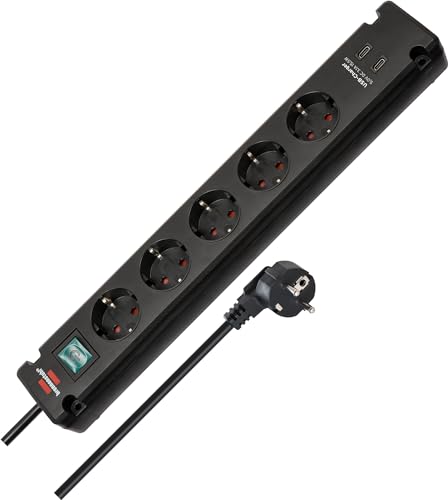 Brennenstuhl Bremounta Steckdosenleiste 5-Fach mit USB C-Ladefunktion (Mehrfachsteckdose mit Schalter, Steckerleiste Wandmontage, 2X USB C und 3m Kabel) schwarz von Brennenstuhl