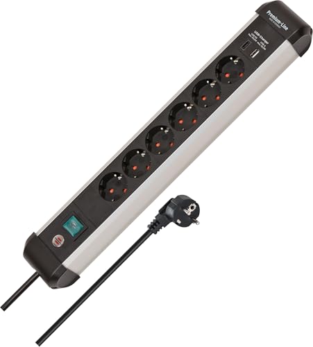 Brennenstuhl Premium-Alu-Line Steckdosenleiste 6-fach mit USB C PD 30W und USB A 18W aus Aluminium (Made in Germany, Mehrfachsteckdose mit 3m Kabel und Schalter, Steckerleiste zur Wandmontage) von Brennenstuhl