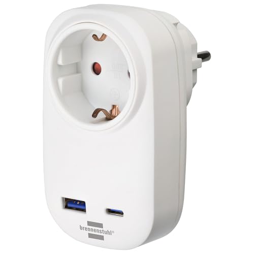 Brennenstuhl Steckdosenadapter mit USB C Power Delivery und USB A (USB Steckdosenadapter zum Schnellladen, 1x USB C Power Delivery 20W, 1x USB A 18W) von Brennenstuhl