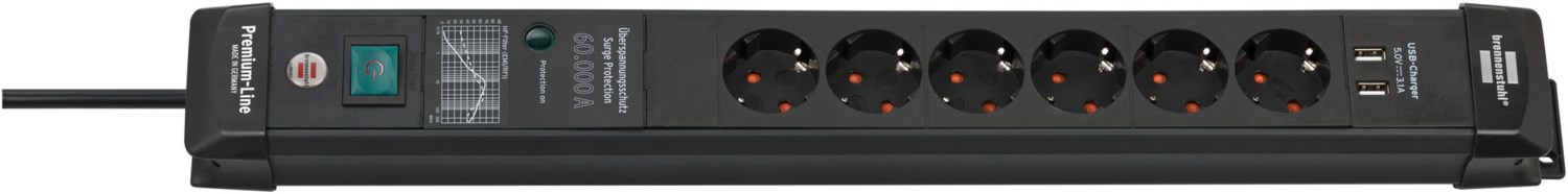 Steckdosenleiste 6-fach (3m) Premium-Line mit USB schwarz von Brennenstuhl