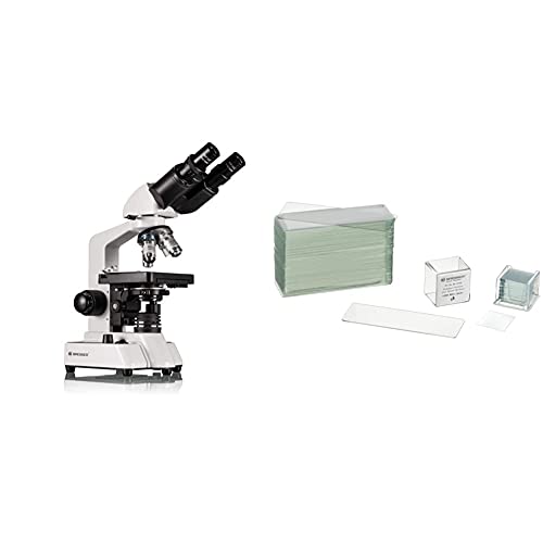 Bresser Durchlicht Mikroskop Researcher Bino 40x-1000x Vergrößerung für gehobene Ansprüche, mit LED Beleuchtung & Mikroskop Objektträger/Deckgläser (50x/100x) mit geschliffenen Kanten zur Erstellung von Bresser