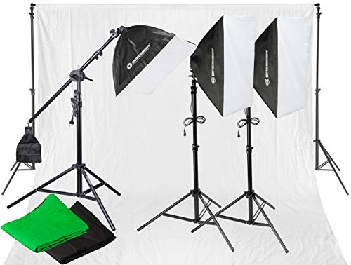 Bresser Fotostudio BR-2105 Tageslicht- und Hintergrund-Set 2925W mit Hintergrundsystem, Tücher, Stative, Softboxen und Lampen von Bresser