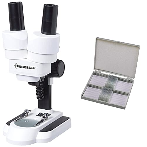 Bresser Junior Stereo 3D Mikroskop ICD-Pro mit 20x und 50x Vergrößerung für Kinder und Erwachsene & Dauerpräparate für Mikroskop (25 Stück), vorgefertigte und konservierte Präparate von Bresser