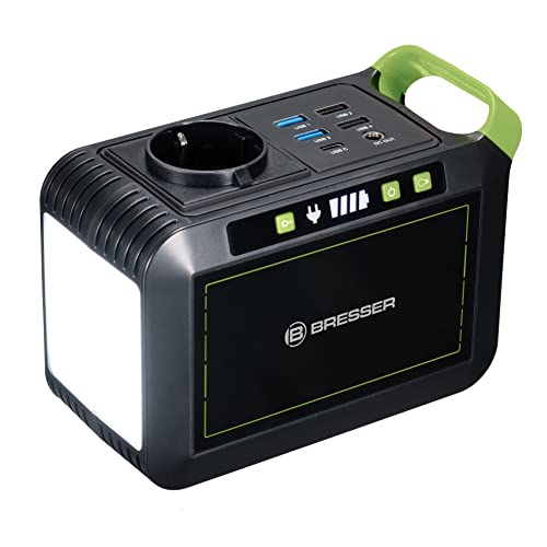 Bresser Mobile Power Station 88,8 Wh, 6Ah / 14,8 V mit hochwertiger Lithium-Ionen-Batterie, USB-, AC- und DC-Anschlüssen sowie großer LED-Leuchte von Bresser