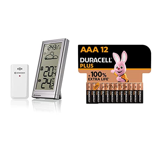 Bresser Wetterstation Funk mit Außensensor Meteo Temp, Thermometer mit Temperaturanzeige, silber & Duracell Plus AAA Micro Alkaline-Batterien, 1.5V LR03 MN2400, 12er-Pack von Bresser