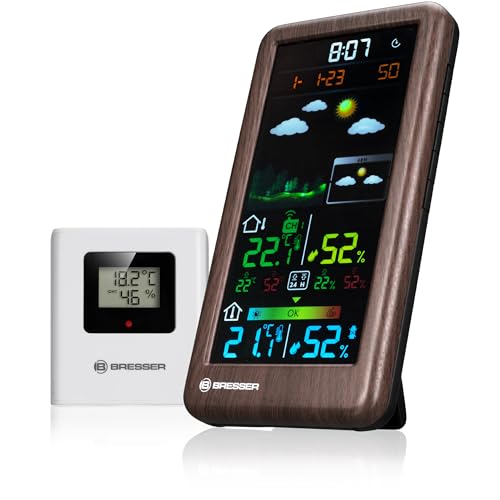 Bresser Wetterstation Funk mit Außensensor Neomeo V mit Farbdisplay, Holzoptik, 24/48h Wettervorhersage, Temperatur, Luftfeuchtigkeit, Komfortindikator von Bresser