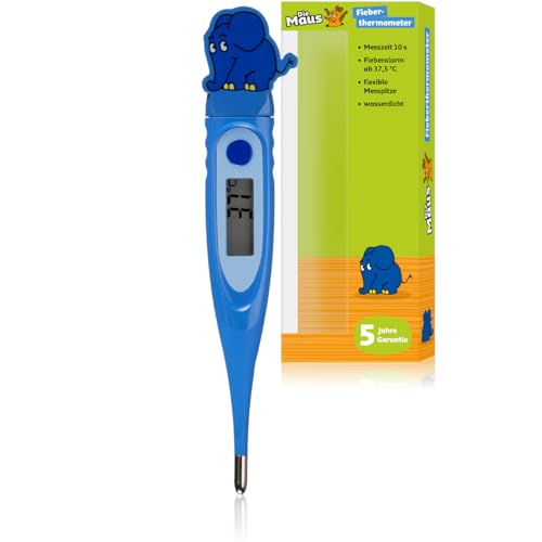 DieMaus Digitales Fieberthermometer für Kinder, 2D-Design, kurze Messzeit ca. 10 Sek., flexible Spitze, Fieberalarm, wasserdicht, Speicheranzeige (blau) von Bresser