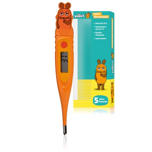DieMaus Digitales Fieberthermometer für Kinder, 2D-Design, kurze Messzeit ca. 10 Sek., flexible Spitze, Fieberalarm, wasserdicht, Speicheranzeige (orange) von Bresser