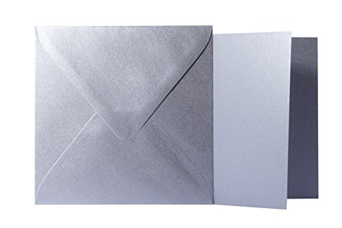 25 Quadratische Silber Briefumschläge 120g von der Größe 16 X 16 cm + Klappkarten 240g von der Größe 15,5 X 15,5 cm, mit dreieckiger Lasche zum Kleben ohne Fenster von Briefumschläge24Plus