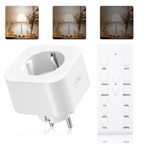 BrightArk Dimmbare Steckdose mit Fernbedienung, Funksteckdosen mit Fernbedienung 30M Reichweite, 1 Steckdose +1 Fernbedienung Dimmen mit Timing Funktion für LED/INC/CFL Glühlampen weiß von BrightArk