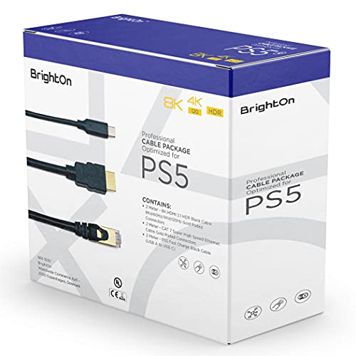 BrightOn® Optimiertes Kabelpaket kompatibel mit PS5 | 8K HDMI 2.1 HDR Schwarzes Kabel 8K@60Hz/4K@120Hz | CAT 7 Super-High-Speed-Ethernet-Kabel | Schwarzes Schnellladekabel (USB A auf USB C),für Router von BrightOn