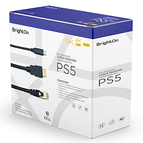 BrightOn® Optimiertes Kabelpaket kompatibel mit PS5 | 8K HDMI 2.1 HDR Kabel 8K@60Hz/4K@120Hz | CAT 7 Super-High-Speed-Ethernet-Kabel | Schnellladekabel (USB A auf USB C) von BrightOn