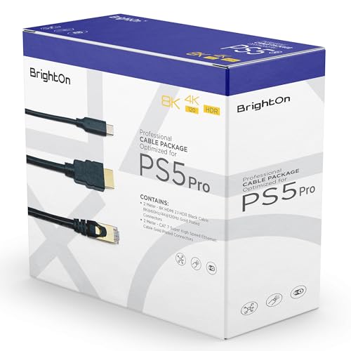 BrightOn® Optimiertes Kabelpaket kompatibel mit PS5 PRO | 8K HDMI 2.1 HDR Kabel 8K@60Hz/4K@120Hz | CAT 7 Super-High-Speed-Ethernet-Kabel | Schnellladekabel (3.1 USB C auf USB C) von BrightOn