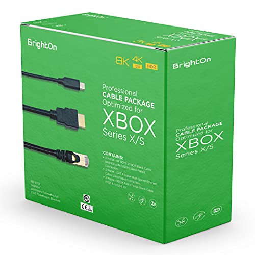 BrightOn - Optimiertes Kabelpaket, kompatibel mit XBOX Series X/S | 8K HDMI 2.1 HDR Schwarz Kabel 8K@60Hz/4K@120Hz | CAT 7 Super-High-Speed-Ethernet-Kabel | Schnellladekabel (USB A auf USB C) von BrightOn