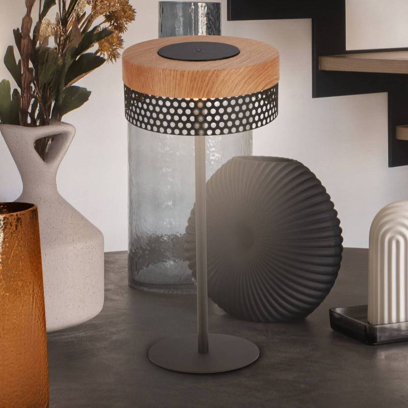 Akku-Tischleuchte Booha, braun, Metall, IP44, dimmbar von Briloner