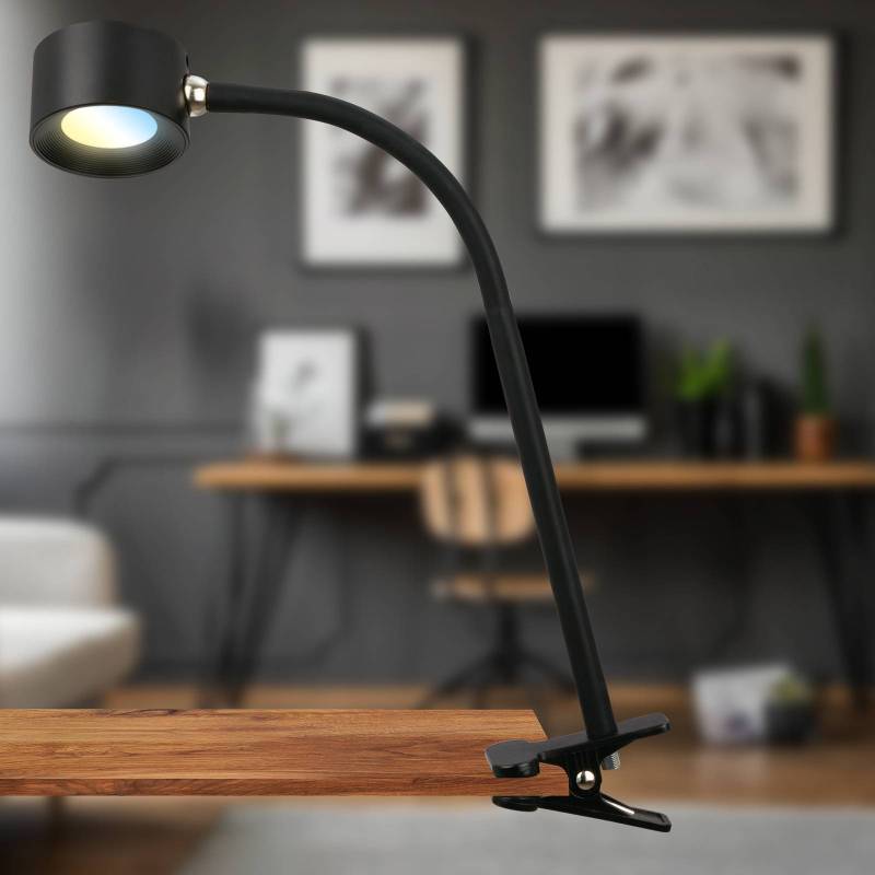 LED-Akku-Klemmleuchte Tari, schwarz, CCT, Touchdimmer, USB von Briloner