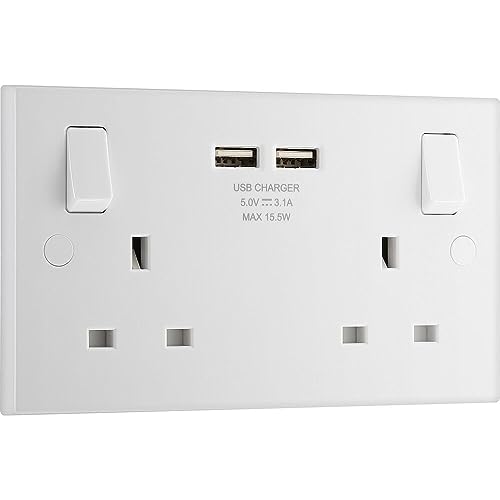BG Electrical 922U3 Weiß geformte quadratische Kante doppelt geschaltete 13A Steckdose mit USB-Aufladung von British General