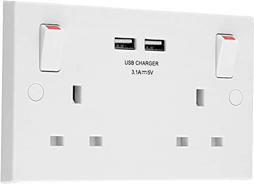 BG Electrical Doppelt geschaltete 13 A Schnellladesteckdose mit zwei USB-Ladeanschlüssen, 3,1 A, 5 V, 15,5 W, quadratischer Rand, Weiß, 5 Stück von British General