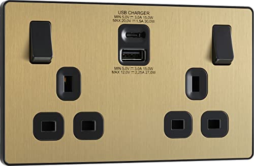 BG Electrical Evolve Doppelt geschaltete Steckdose mit USB C und USB A Ladepunkten, 30 Watt (2,1 A), Messing satiniert von British General