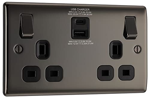 Luceco UK Metall-Doppelsteckdose, 13 A, Typ A und Typ C, USB 4,2 A, 30 W, Schwarz von British General