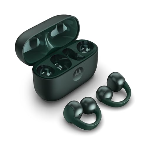 Motorola Moto Buds Loop Feat. Sound by Bose (Open-Ear-Earbuds, BT 5.4, kristallklarer Sound, Geräuschunterdrückung, kabelloses Laden, Akkulaufzeit bis zu 8 Std.) Trekking Green, speziell bei Amazon von Brodos