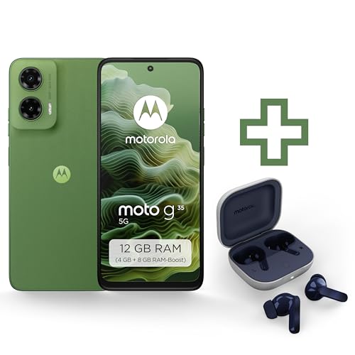 Motorola Moto g35 5G Smartphone (6,72"-FHD+-Display, 50-MP-Kamera, 4/128 GB, 5000 mAh, Android 14) Leaf Green, inkl. Moto Buds & Schutzcover – speziell bei Amazon von Brodos