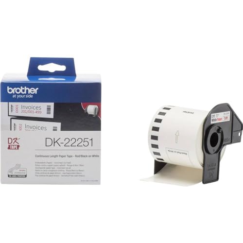 Brother DK-22251 selbstklebende Endlosetiketten (62 mm x 15,24 m, geeignet für QL-800, QL-810W, QL-820NWB) rot/schwarz auf weiß (Papier) von Brother