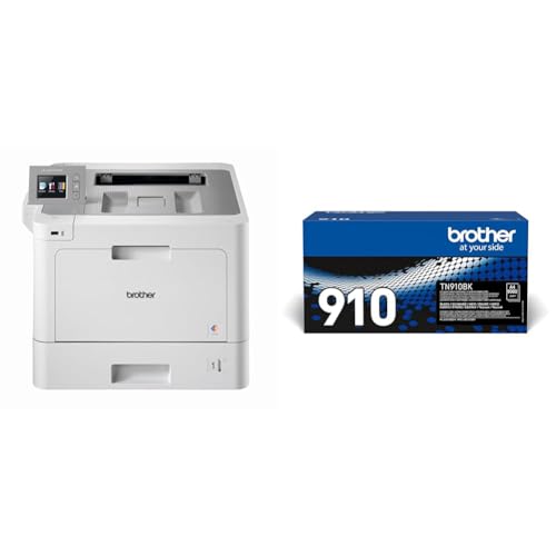 Brother HL-L9310CDW W-LAN Farblaserdrucker mit Duplex (2400 x 600 dpi, 31 Seiten/Min.) weiß/grau + TN-910BK Original Ultra-Jumbo-Tonerkassette, schwarz von Brother