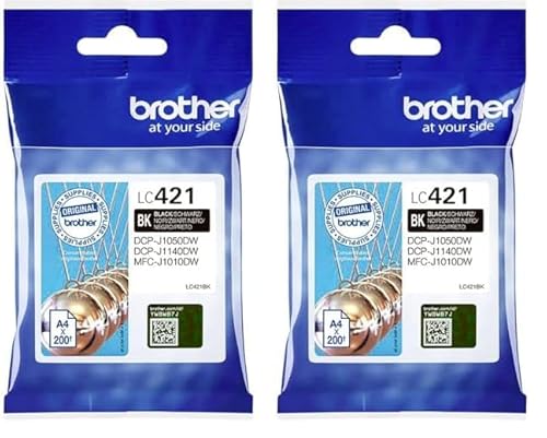 Brother LC421BK LC-421BK Tintenpatrone – Schwarz für DCP-J1050DW, DCP-J1140DW, MFC-J1010DW (Packung mit 2) von Brother