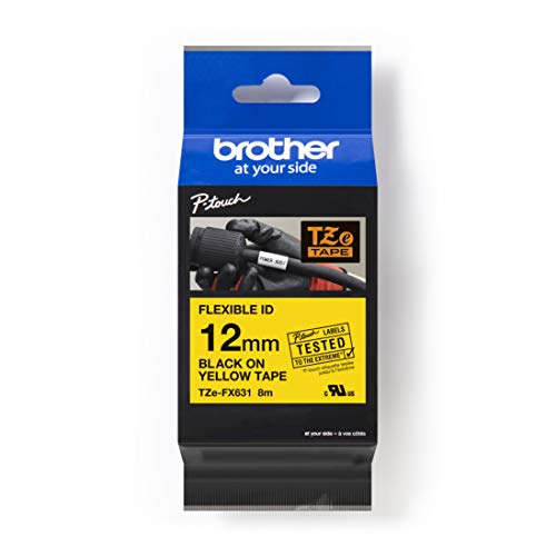 Brother Original P-touch Schriftband TZE-FX631 12 mm, schwarz auf gelb (u.a. für Brother P-touch PT-H100LB/R, -H105, -E100/VP, -D200/BW/VP, -D210/VP) zur Kabel- und Rohrbeschriftung, laminiert, TZEFX631 von Brother