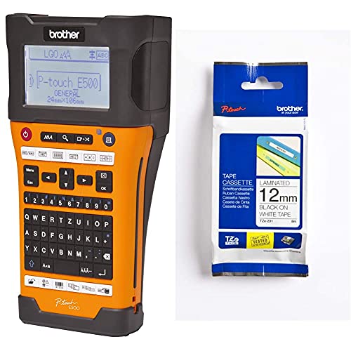 Brother PT-E500VP Industrielles Beschriftungsgerät inkl. USB-Schnittstelle, Li-Ion Akku, Netzadapter u. Transportkoffer & TZe-231 P-Touch Schriftband (12mm breit, 8m lang) schwarz auf weiß von Brother