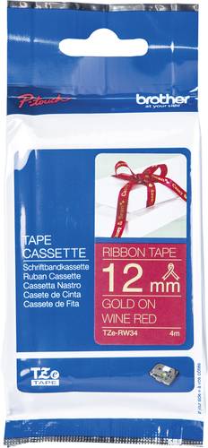 Brother Schriftband Textil unlaminiert TZe TZe-RW34 Bandfarbe: Weinrot Schriftfarbe:Gold 12mm 4m von Brother