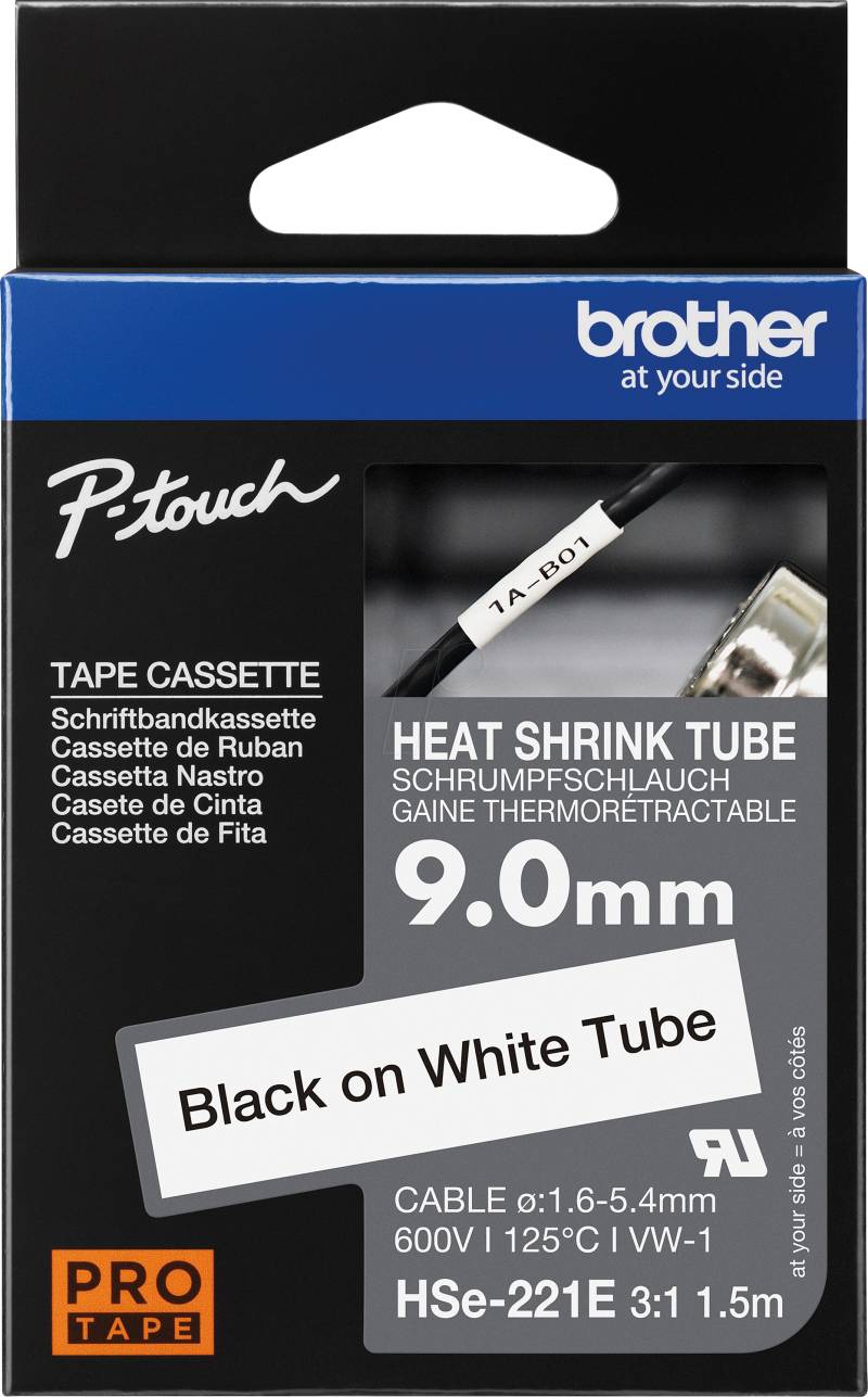 P-TOUCH HSE-221E - Schrumpfschlauch, 3:1, 9 mm x 1,5 m, weiß/schwarz von Brother
