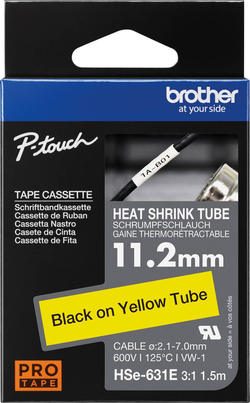 P-TOUCH HSE-631E - Schrumpfschlauch, 3:1, 11,2 mm x 1,5 m, gelb/schwarz von Brother