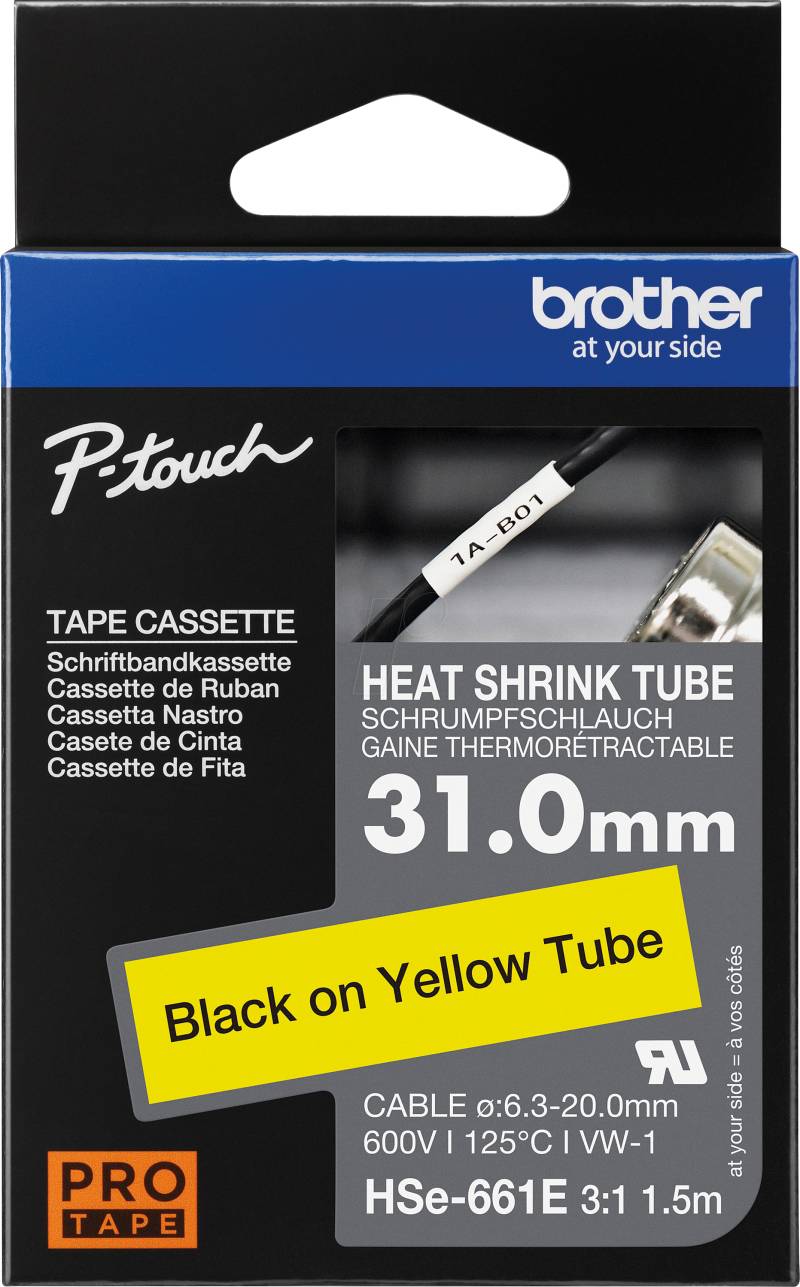 P-TOUCH HSE-661E - Schrumpfschlauch, 3:1, 31 mm x 1,5 m, gelb/schwarz von Brother