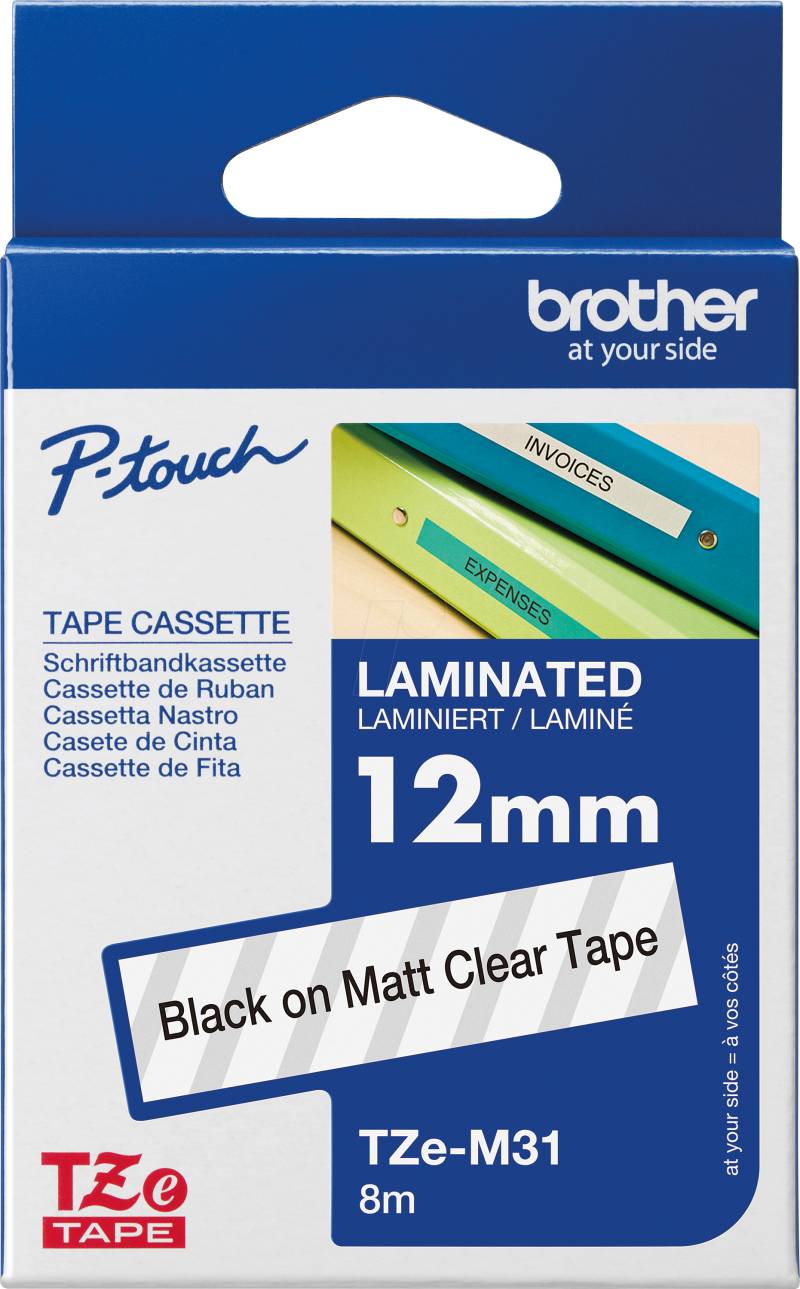 P-TOUCH TZEM31 - laminiertes Schriftband, schwarz auf transparent matt, 12mm von Brother