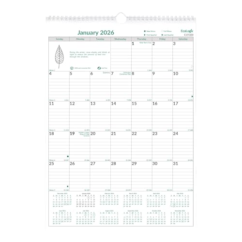 BROWNLINE EcoLogix Monats-Wandkalender, Januar bis Dezember, Doppeldrahtbindung mit Öse, 30,5 x 43,2 cm, 100 % recycelt von Brownline
