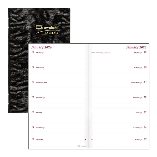 BROWNLINE Essential Zwei-Wochen-Taschen-Planer, genähte Bindung, Eidechsenähnlicher, weicher Einband, 15,2 x 8,9 cm, Schwarz von Brownline