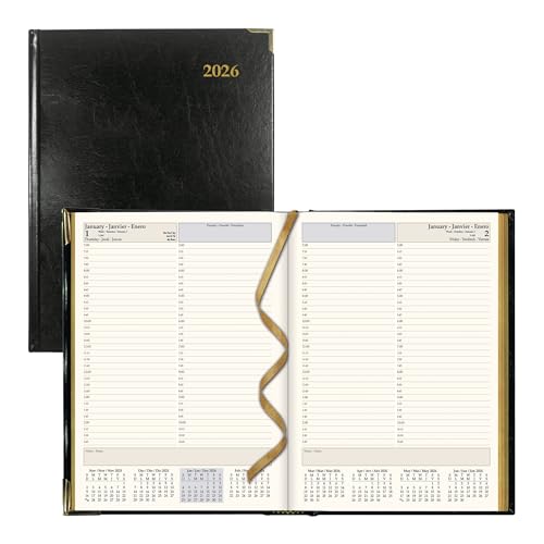 BROWNLINE Executive Tagesplaner 2026, Lederfaserstoff, Hardcover, goldene Ecken, dreisprachig, schwarz von Brownline
