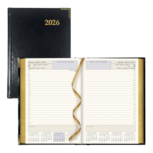 BROWNLINE Executive Tagesplaner 2026, Lederfaserstoff, Hardcover, goldene Ecken, dreisprachig, schwarz von Brownline