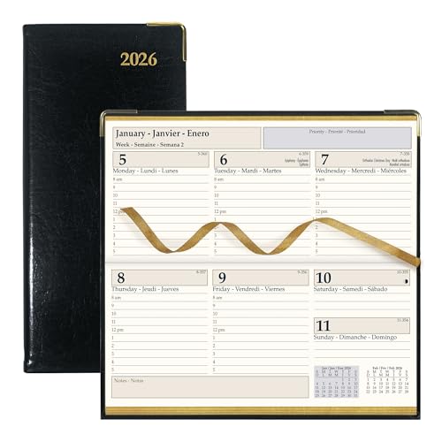 BROWNLINE Executive Weekly Pocket Terminkalender 2026, horizontal, Lederfaserstoff, Hardcover, goldene Ecken, dreisprachig, schwarz von Brownline