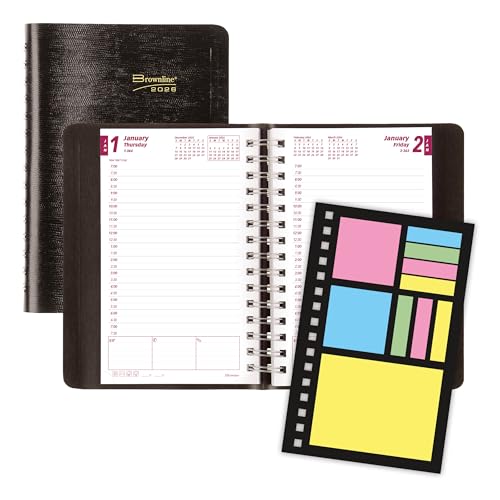 BROWNLINE PlannerPlus Tagesplaner Termine 2026, Doppeldrahtbindung, Eidechsenähnliches Softcover, schwarz von Brownline
