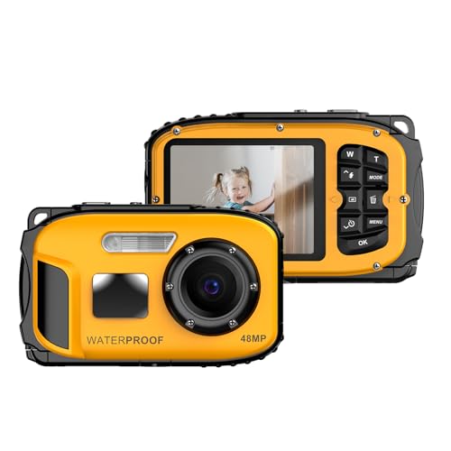 1080P Wasser-Digitalkamera, 48 MP Digitale Videokamera, 2,4-Zoll-IPS-Bildschirm, Autofokus, 4-facher Digitalzoom, Kamera für Jungen und Mädchen, Geburtstag, Schulanfang, (Yellow) von Brrnoo